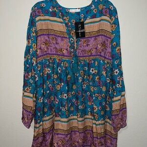 Floral Bohemian Dress in Teal and Purple